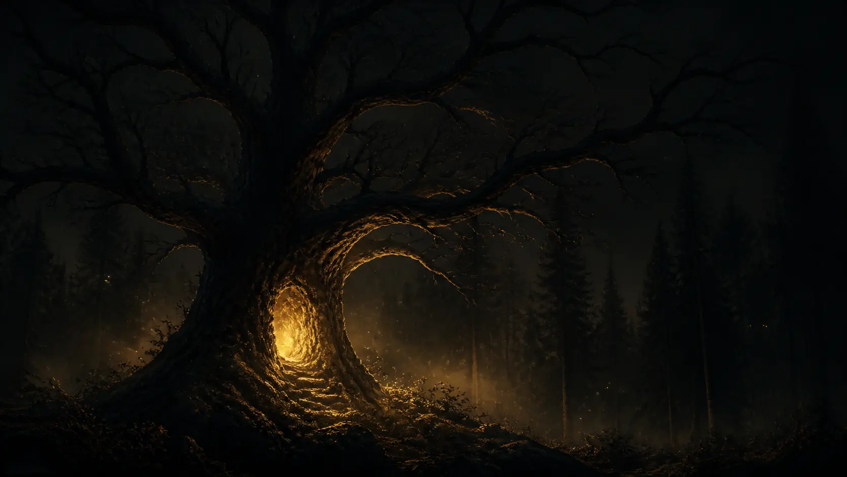 MORI Forest map — a great tree at night; every work pinned in its branches opens a project.